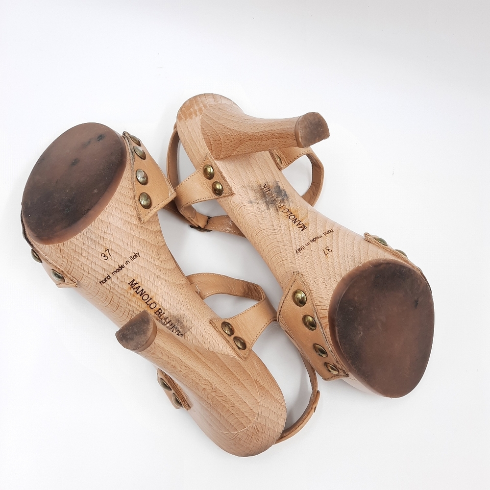 MANOLO BLAHNIK Y2K Wood Platform Sandal Heel Bohemian Coquette 70s Tan 37 EU - Picture 7 of 14